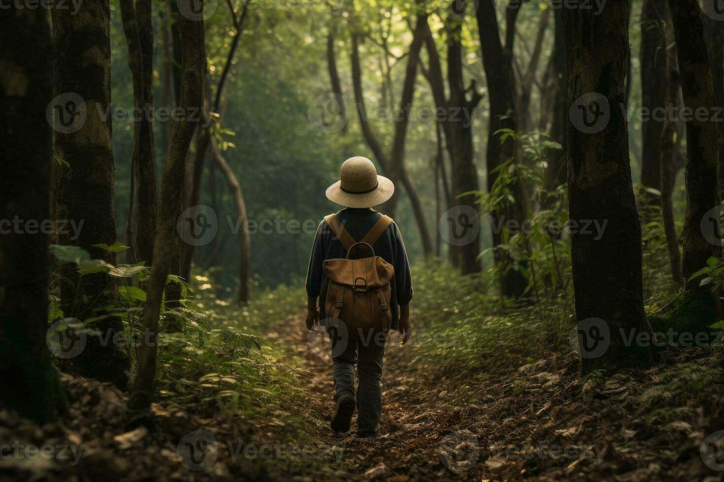 Mysterious fairy tale. The child goes along the path deep into the dense forest. photo