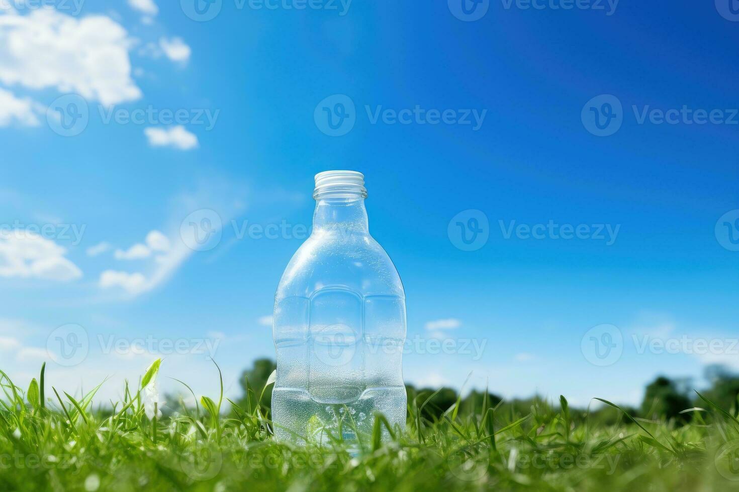 A plastic bottle on lawn with blue sky in the background . photo