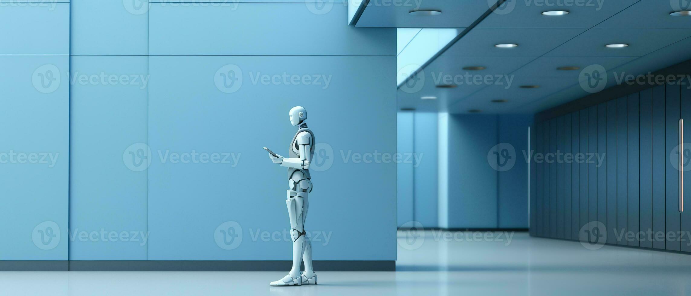 AI robot holds a briefcase in front of  blue wall waiting for a job interview. Generative AI photo