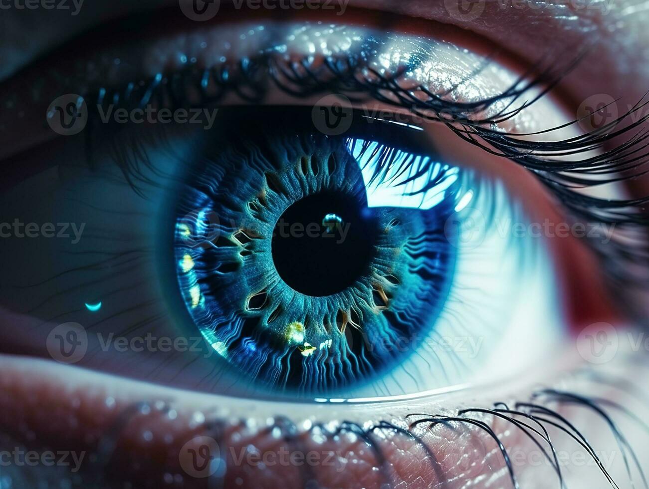 Perfect blue eye macro in a sterile environment and perfect vision in high resolution. The vision of the future and healthy life concept. Generative AI photo