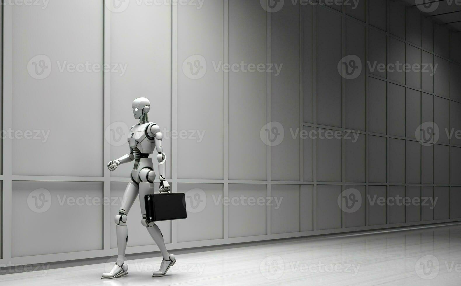 AI robot holds a briefcase in front of  blue wall waiting for a job interview. Generative AI photo