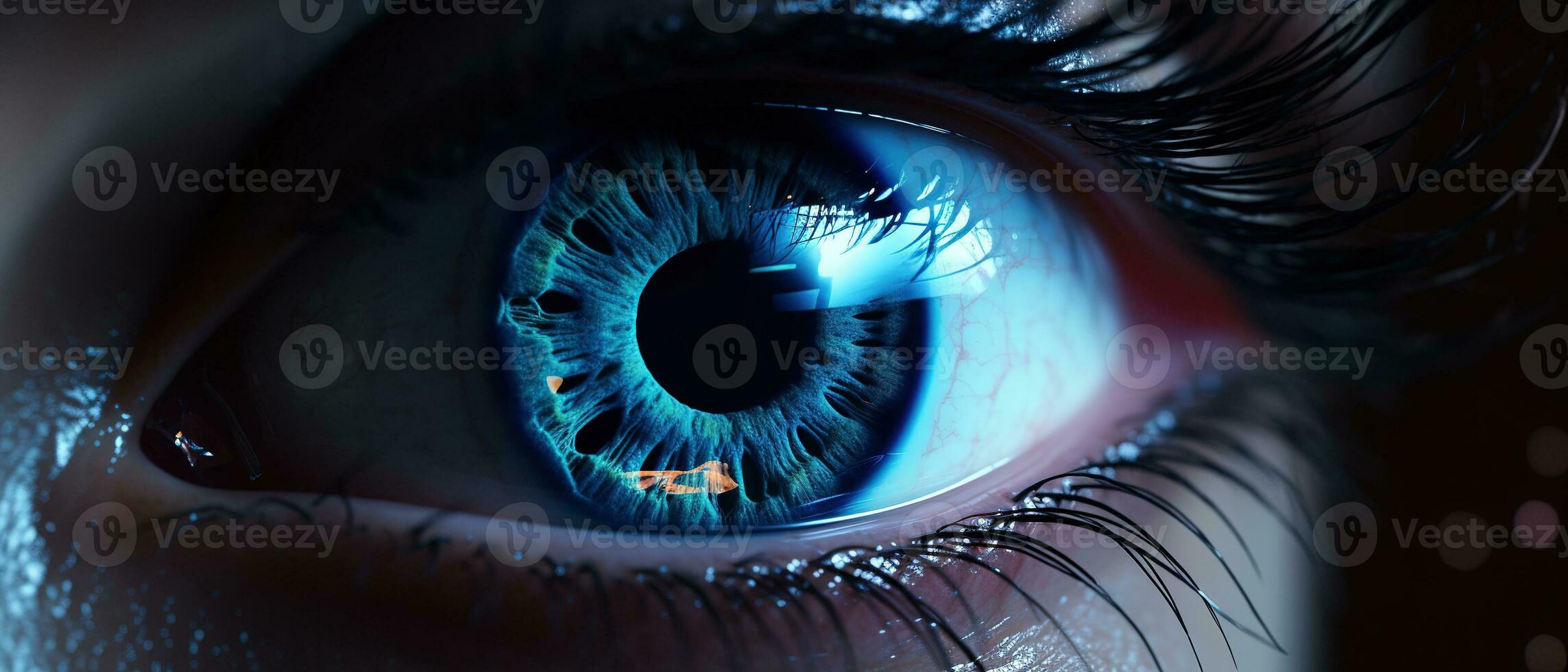 Perfect blue eye macro in a sterile environment and perfect vision in high resolution. The vision of the future and healthy life concept. Generative AI photo