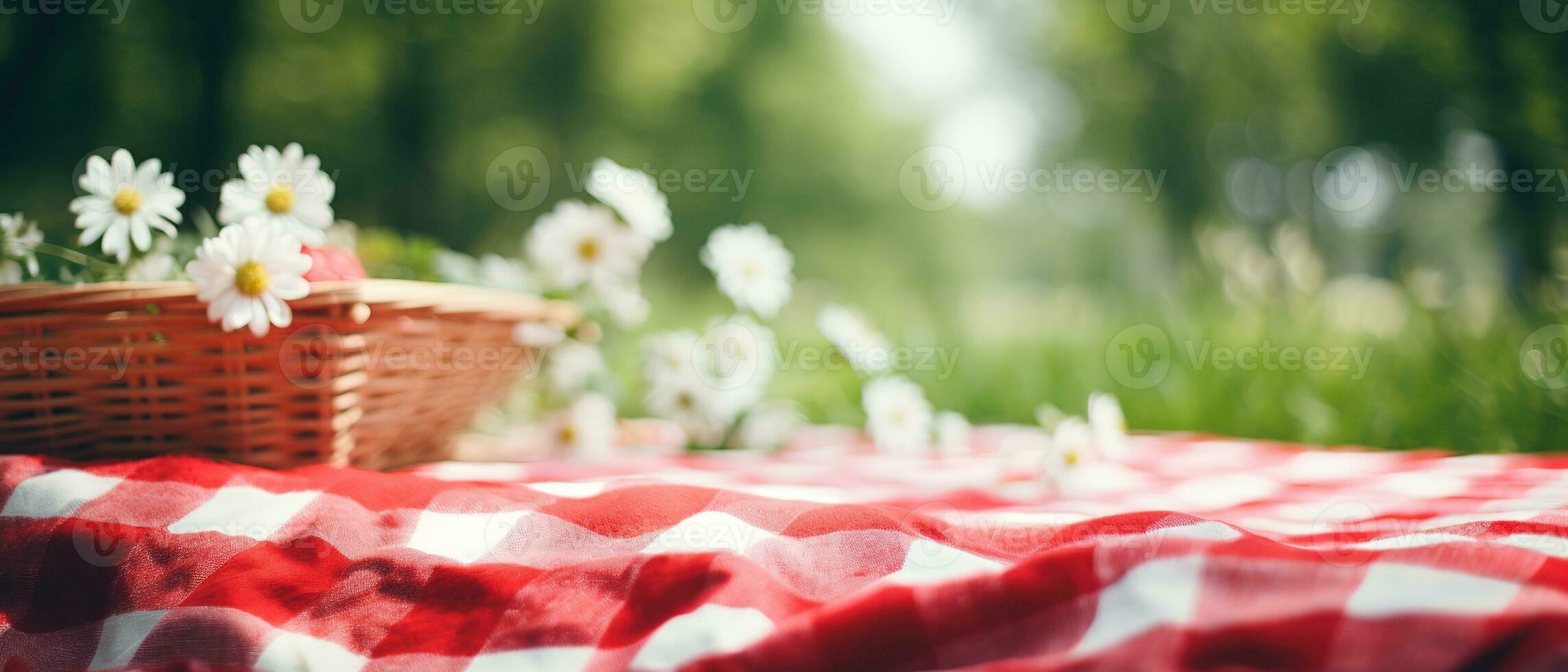 Red and white plaid picnic blanket on top of a green field in sunny day on grass of lawn in summer park. Blurred Background. Generative AI photo