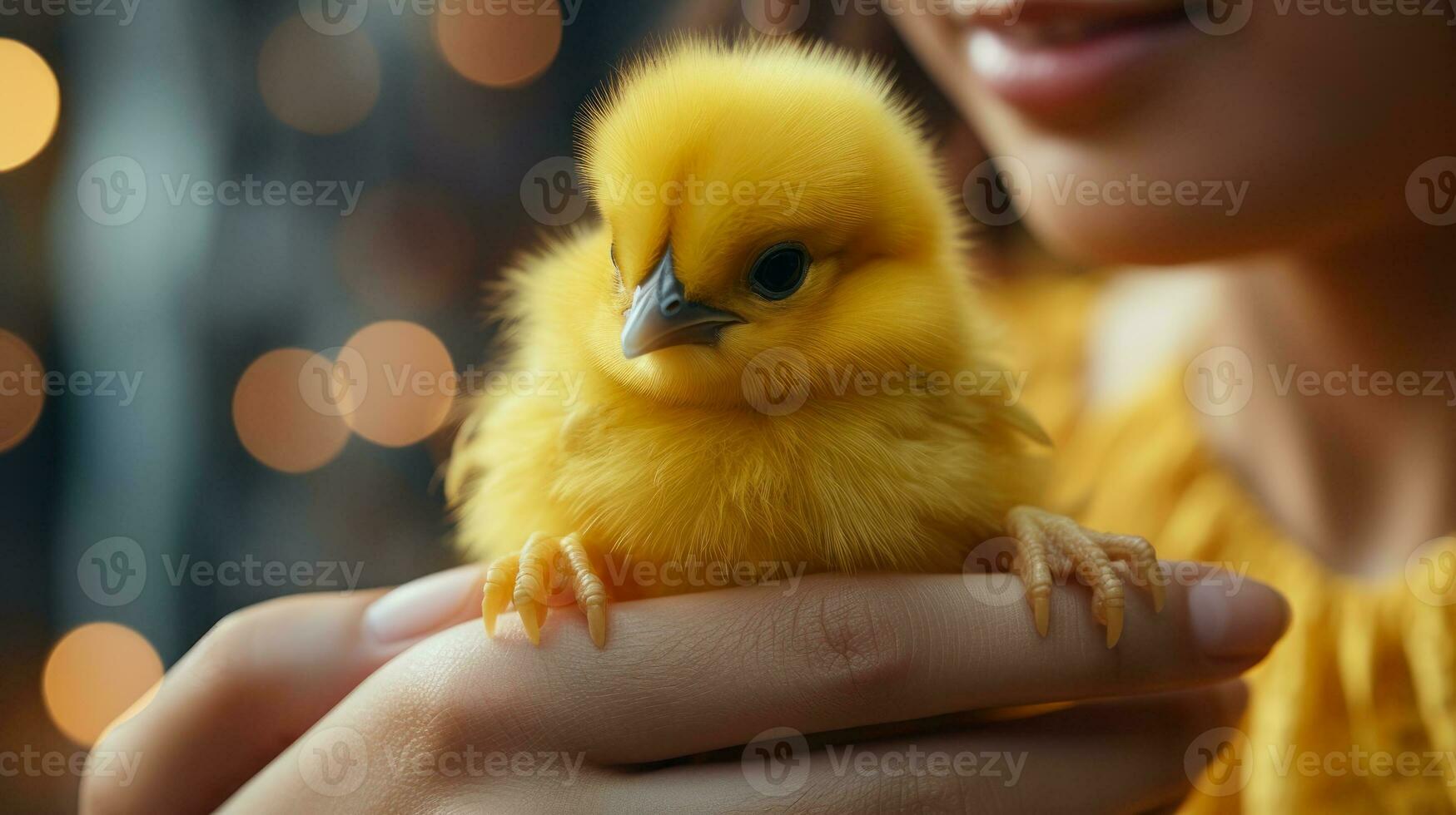 yellow chick in hand generative ai photo