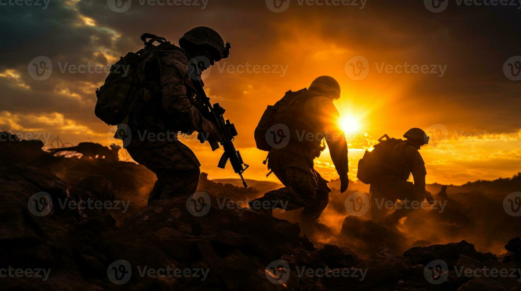 militar soldados moverse dentro posición, guerra efectivo generativo ai foto