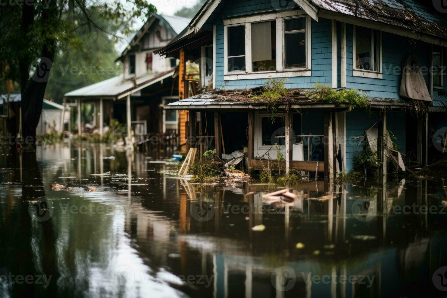 abandoned and flooded houses after the tsunami flood generative ai photo