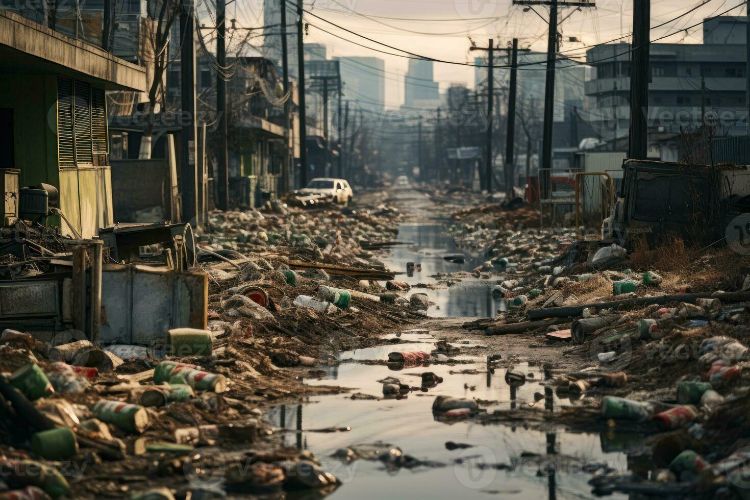 dirty street after tsunami generative ai photo