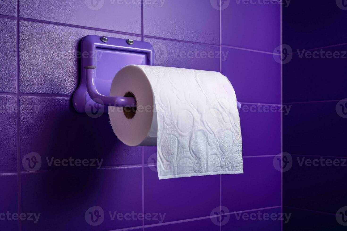 A white roll of soft toilet paper neatly hanging on a modern chrome holder. photo