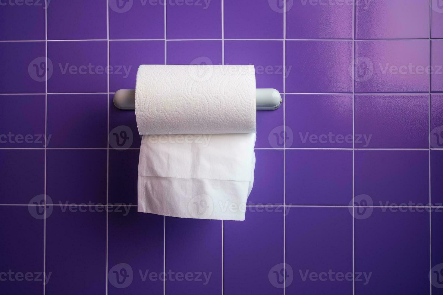 A white roll of soft toilet paper neatly hanging on a modern chrome holder. photo