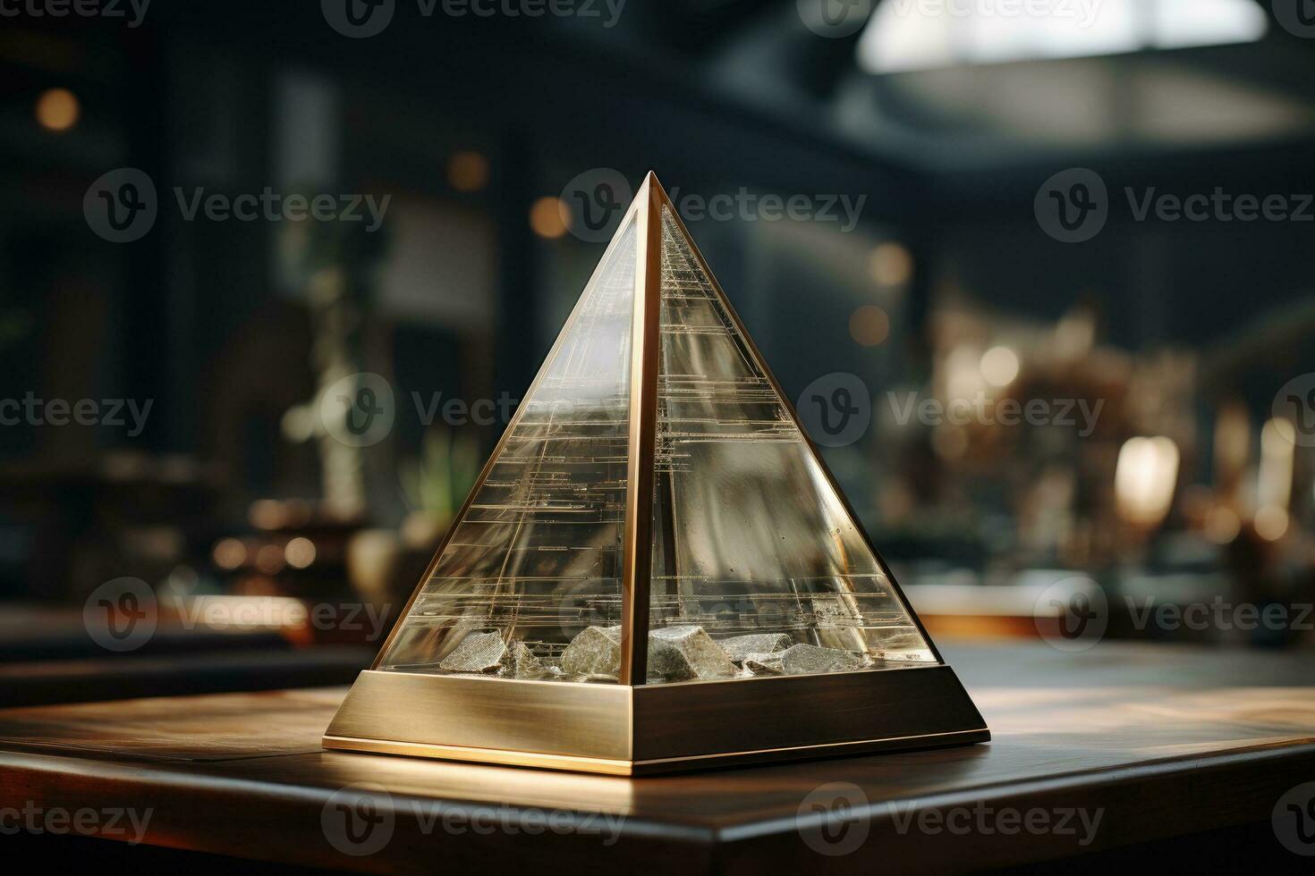 Triangular prism on a table. Prism in the shape of a pyramid. photo