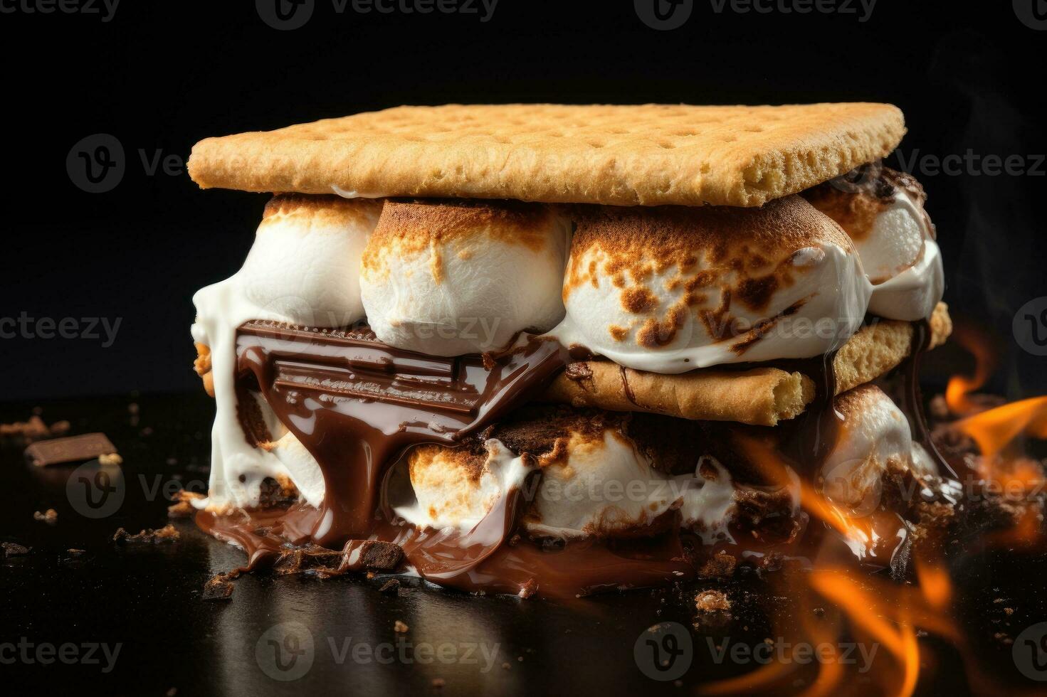 Homemade marshmallow s'mores with chocolate on crackers. Generative AI photo