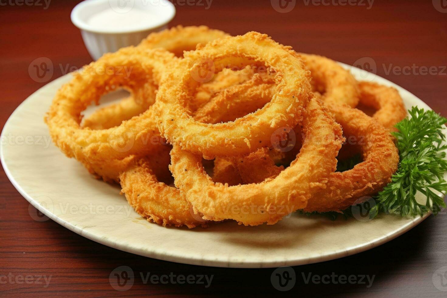 A platter of crispy onion rings. Generative AI photo