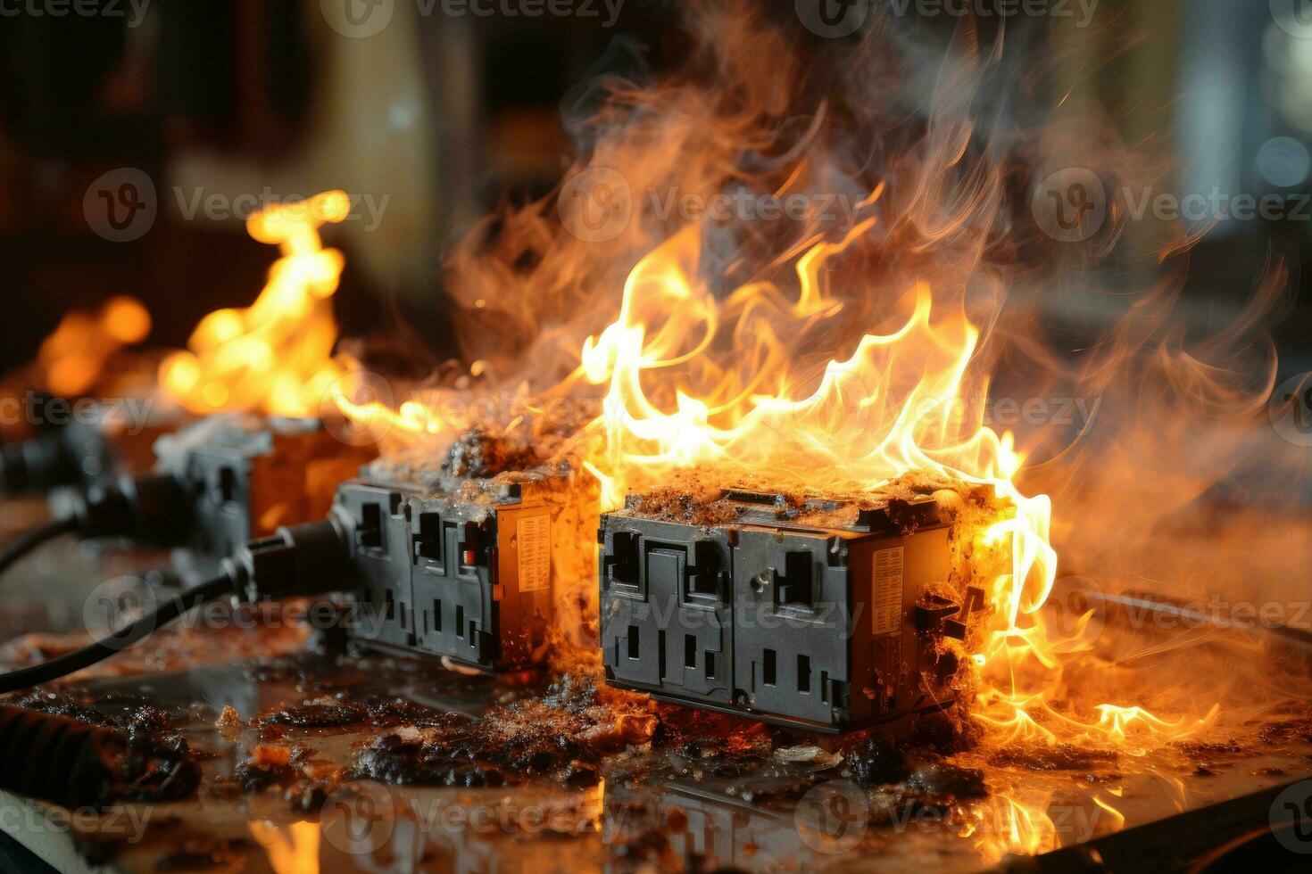 Electrical short circuit. Failure caused by burning wire and socket plug in house. photo