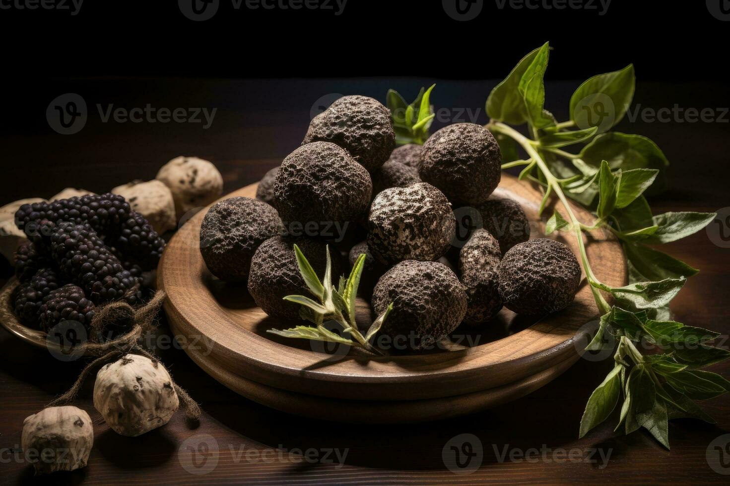 negro trufas con de madera plato en mesa foto