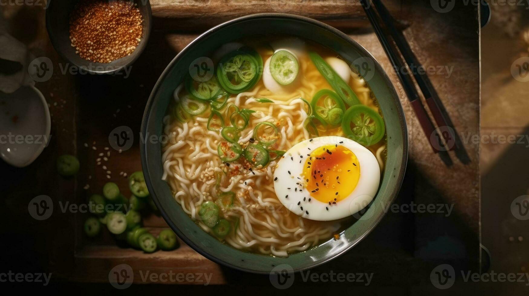 Ramen in a bowl top view. Ramen soup with egg and green onions. Generative AI photo