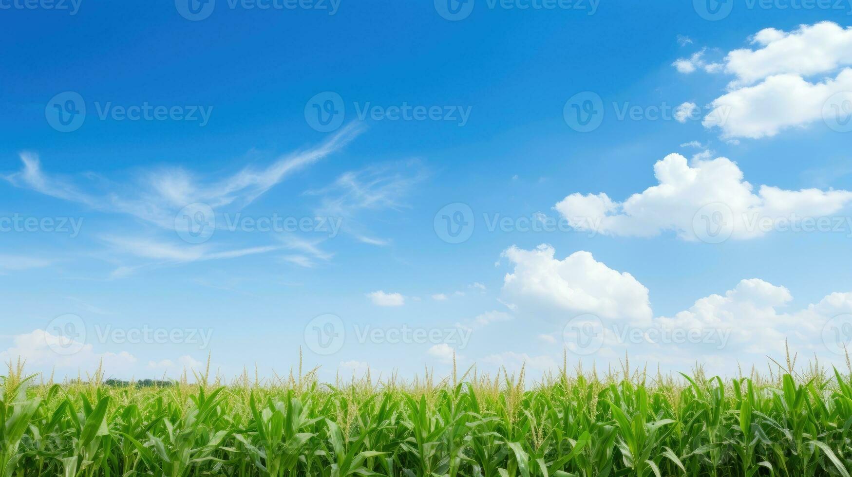 verde maíz campo y azul cielo. foto