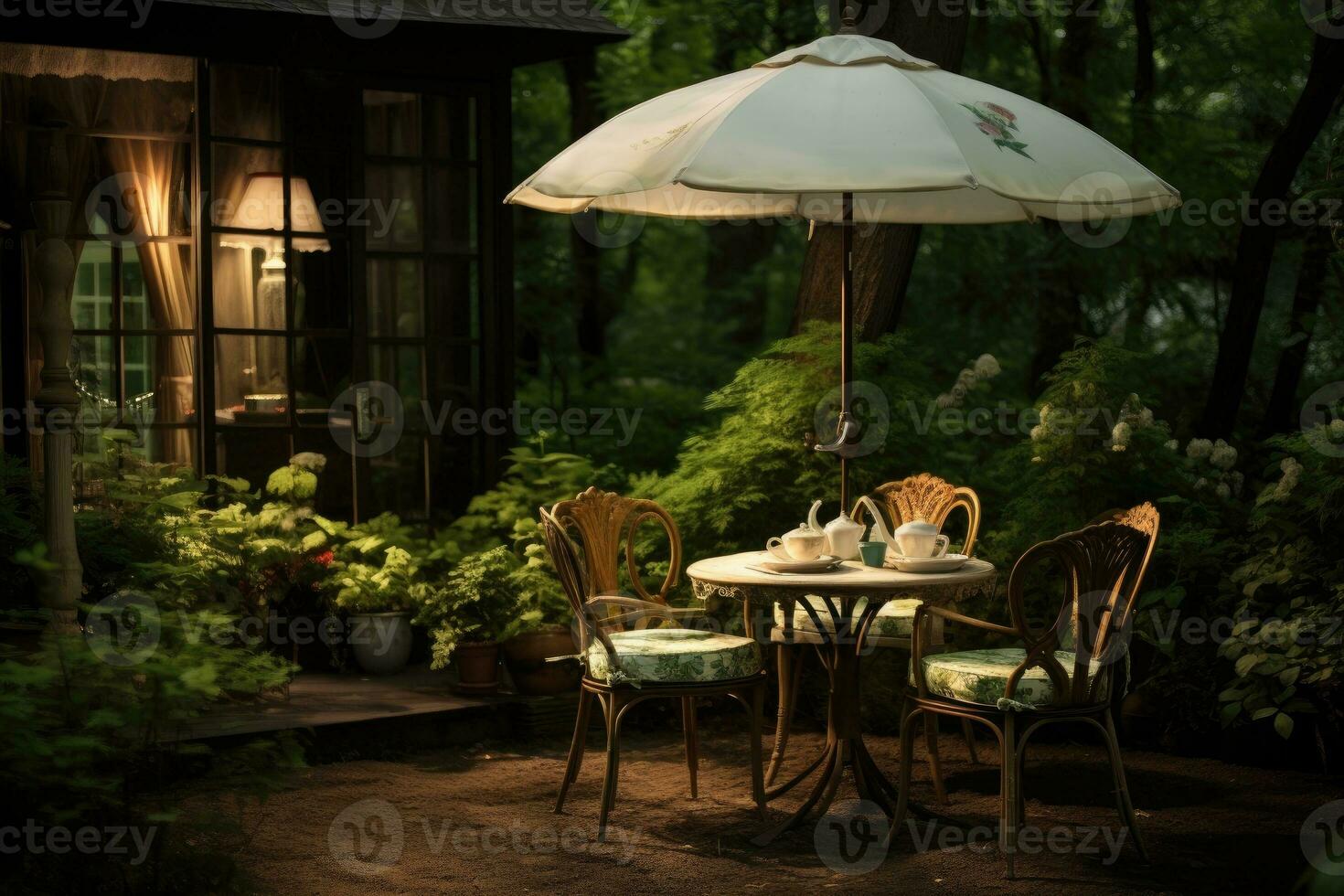 Cafe table with chair and parasol umbrella in the garden photo