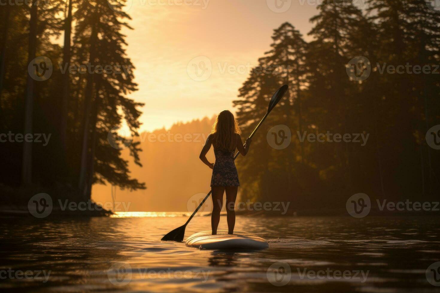Girl engages in stand-up paddleboarding on a serene varnish photo