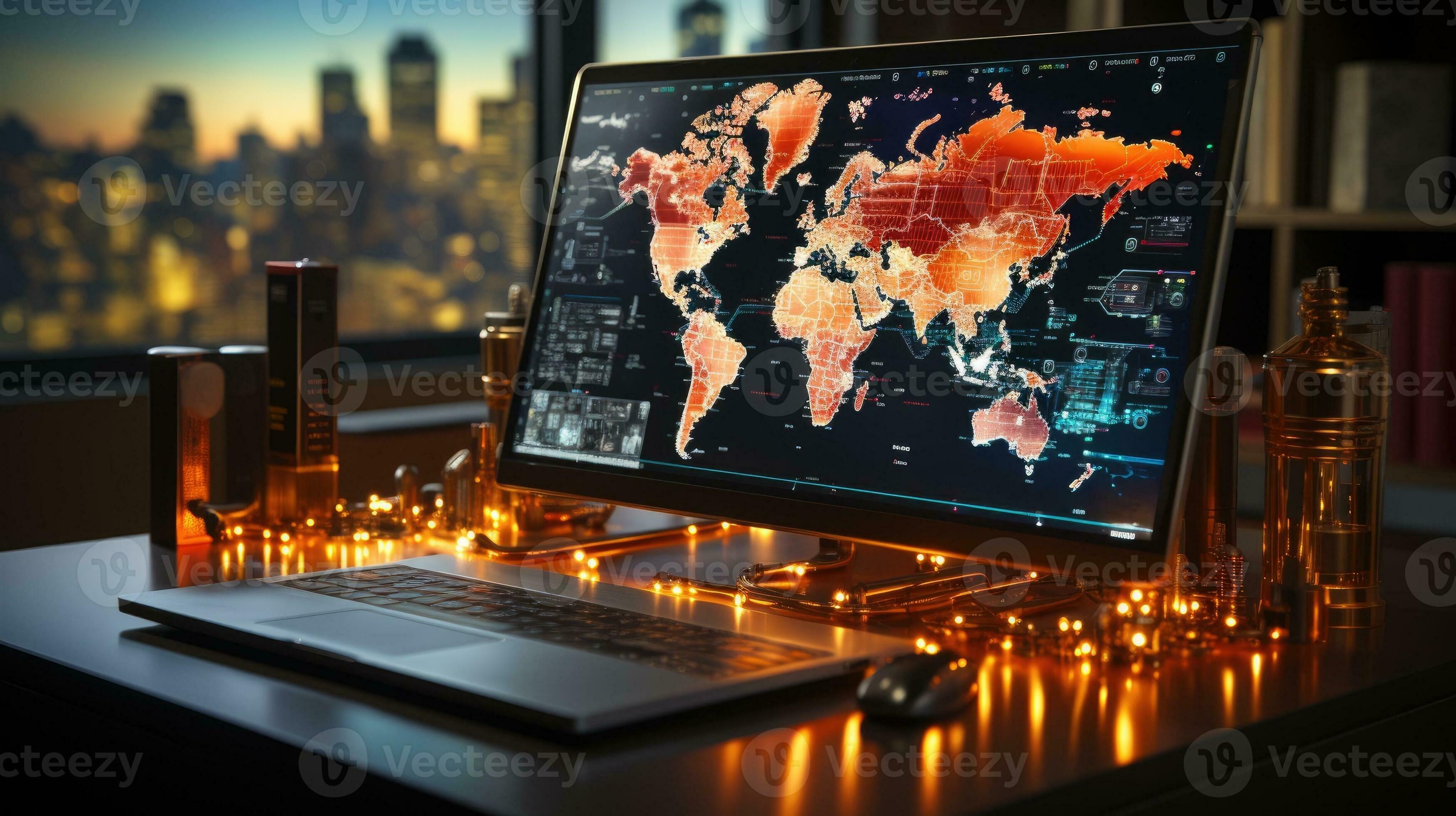 Location identifier icon on laptop with information network on a map