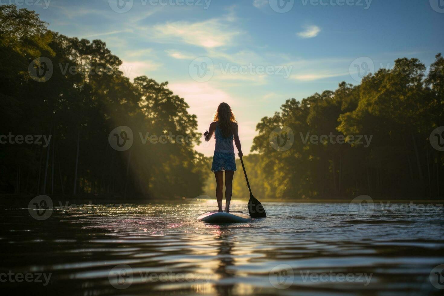 Girl engages in stand-up paddleboarding on a serene varnish photo