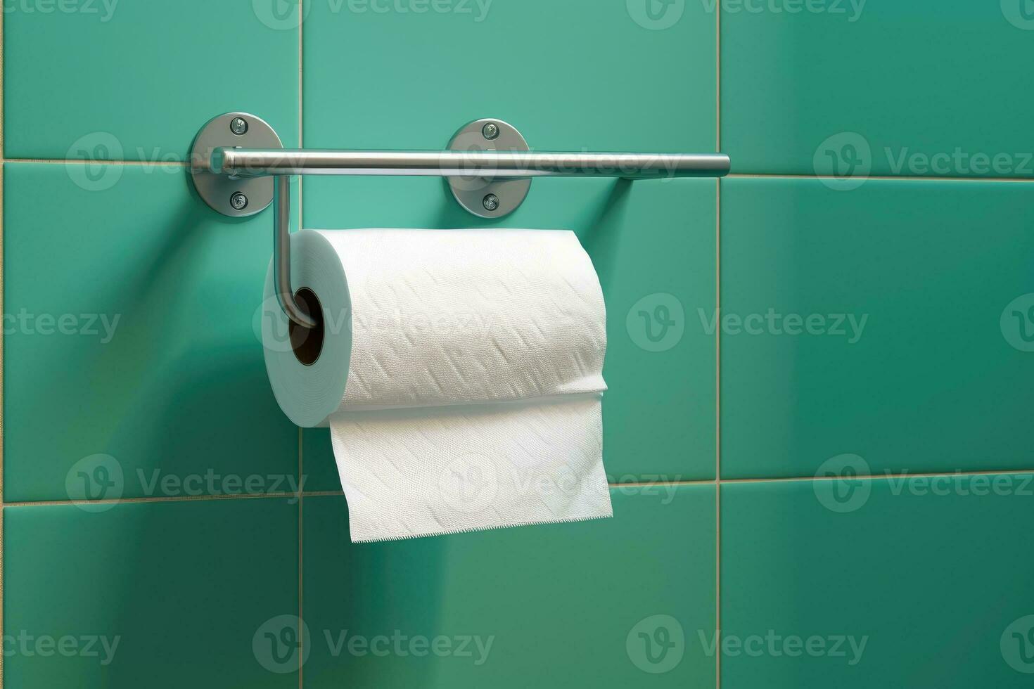 A white roll of soft toilet paper neatly hanging on a modern chrome holder. photo