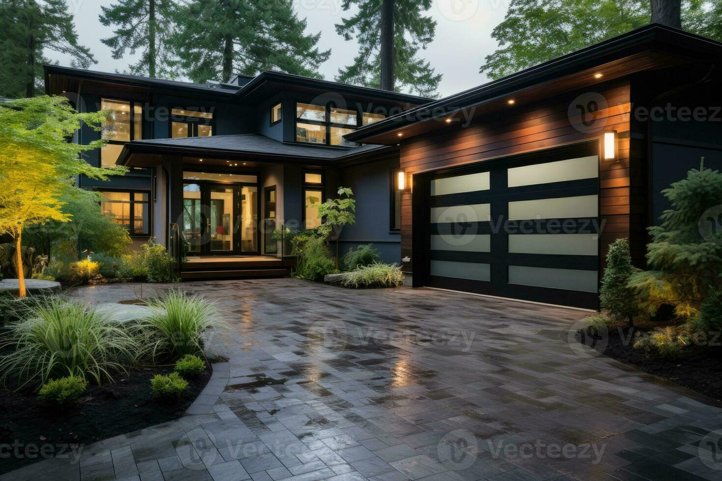 Garage door with a driveway in front. photo