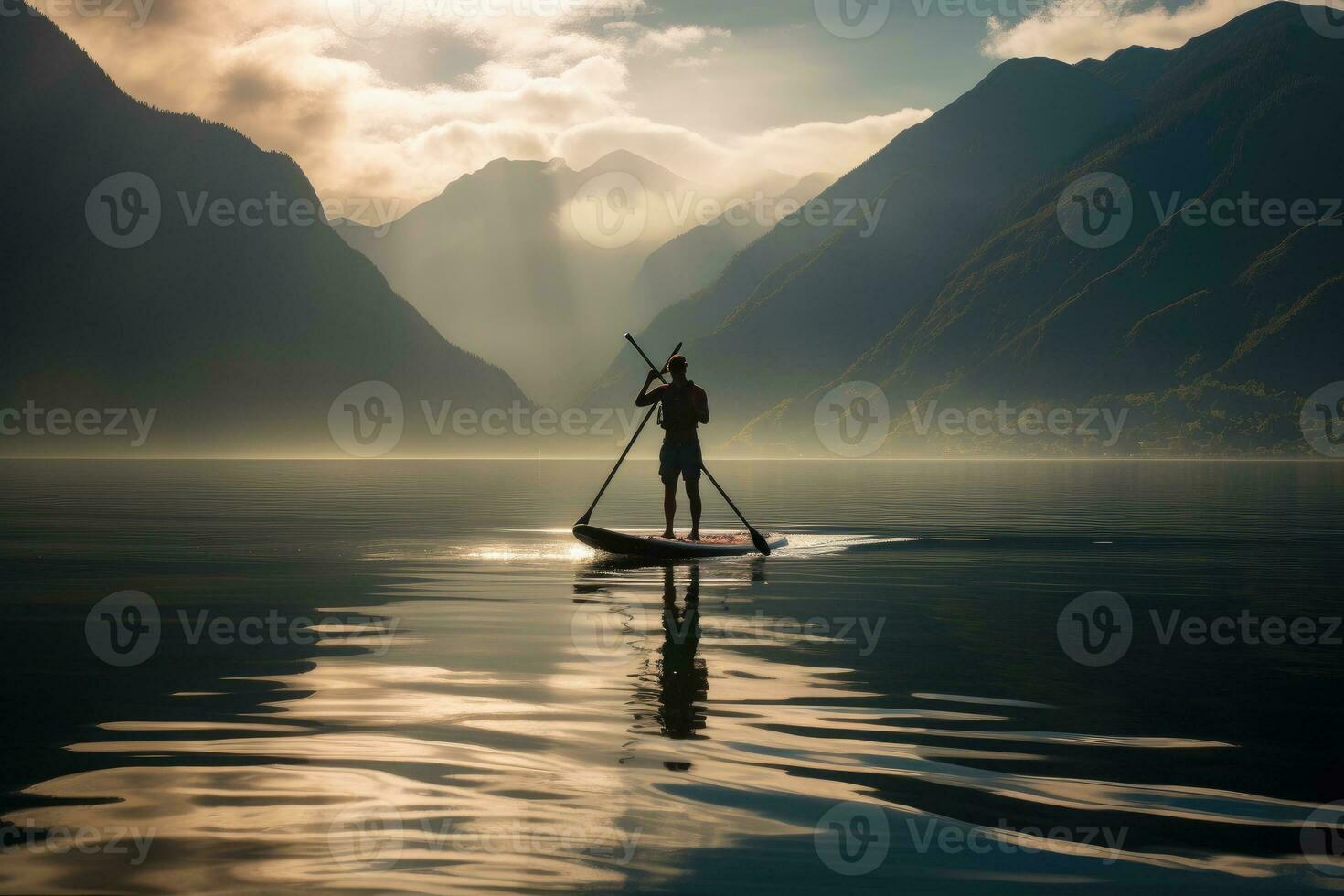 A man engages in stand-up paddleboarding on a serene lake photo