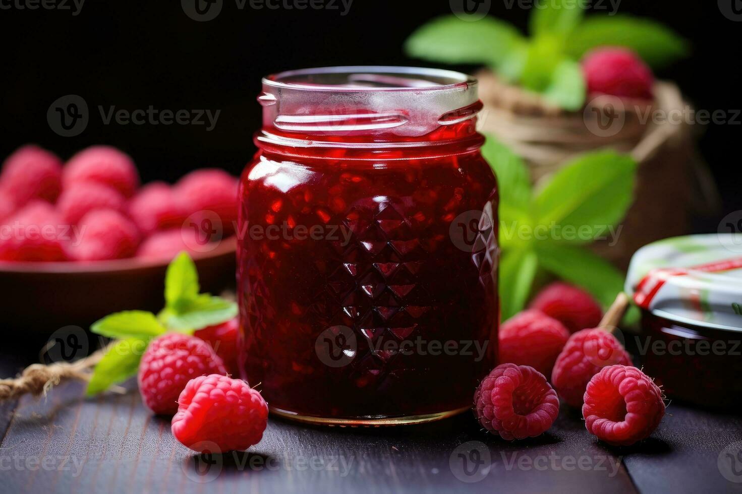 Raspberry jam with fresh raspberries and green leaves. photo