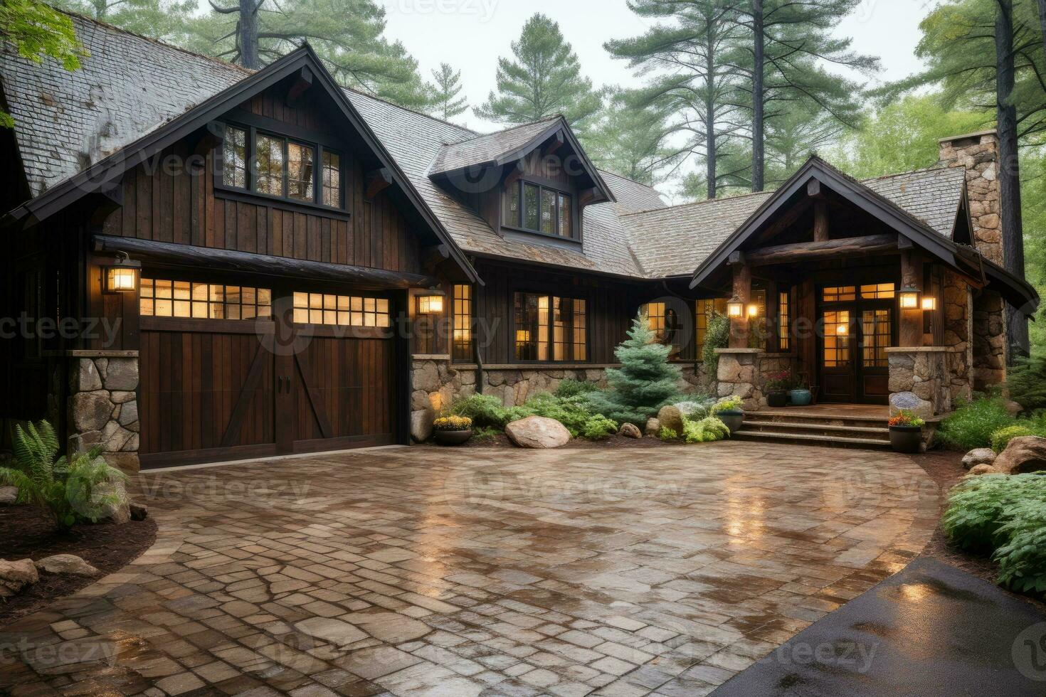 Garage door with a driveway in front. photo