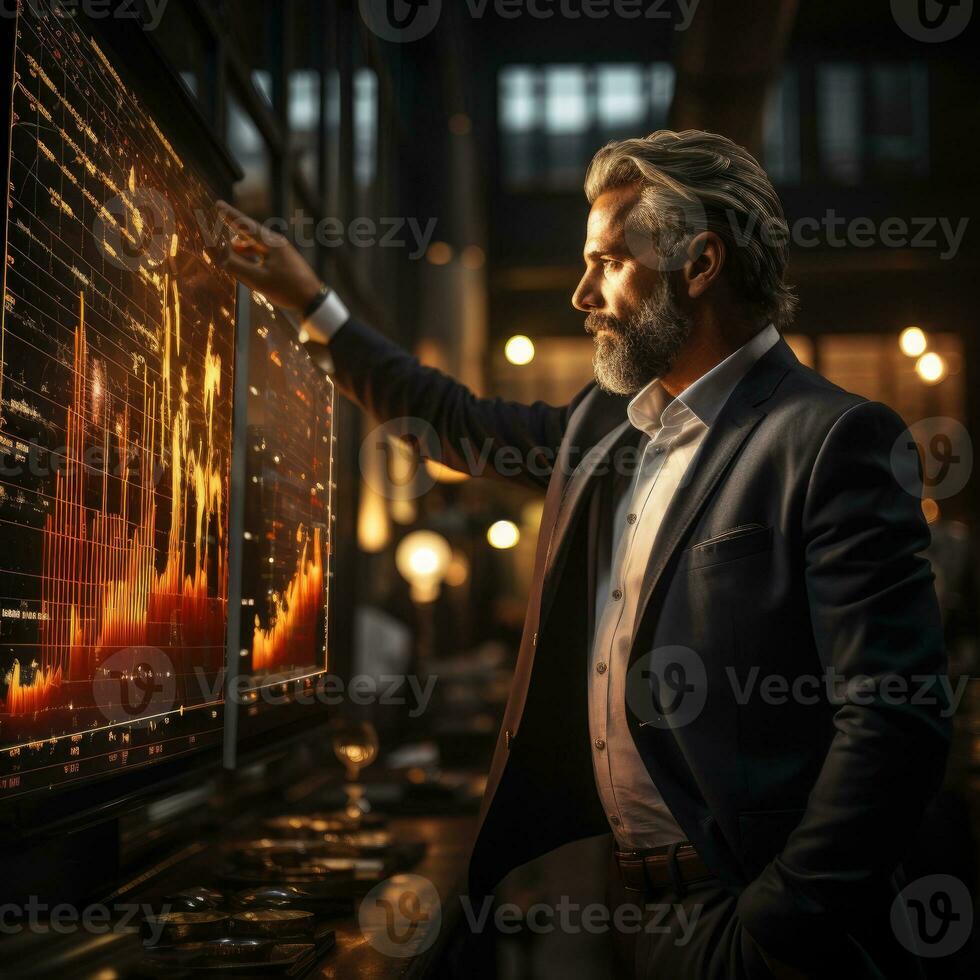 Businessman standing by screen in conference room in the evening photo