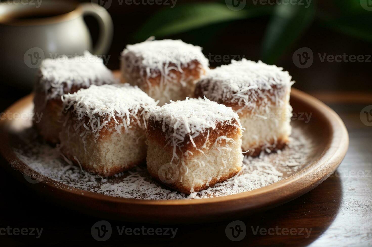 Lamingtons, sponge cake with chocolate and coconut. Generative AI photo