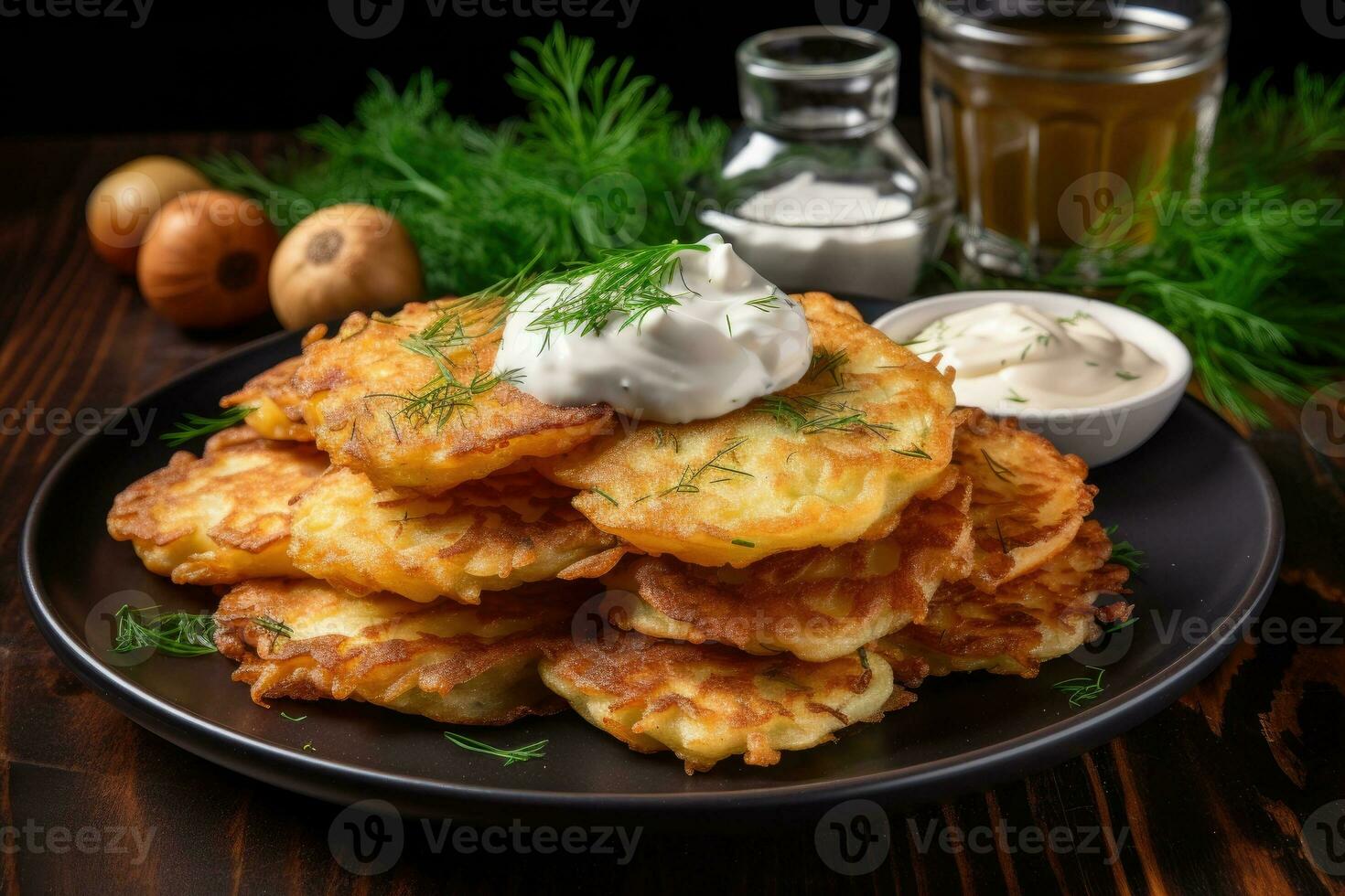 Vegetable pancakes with herb dip photo