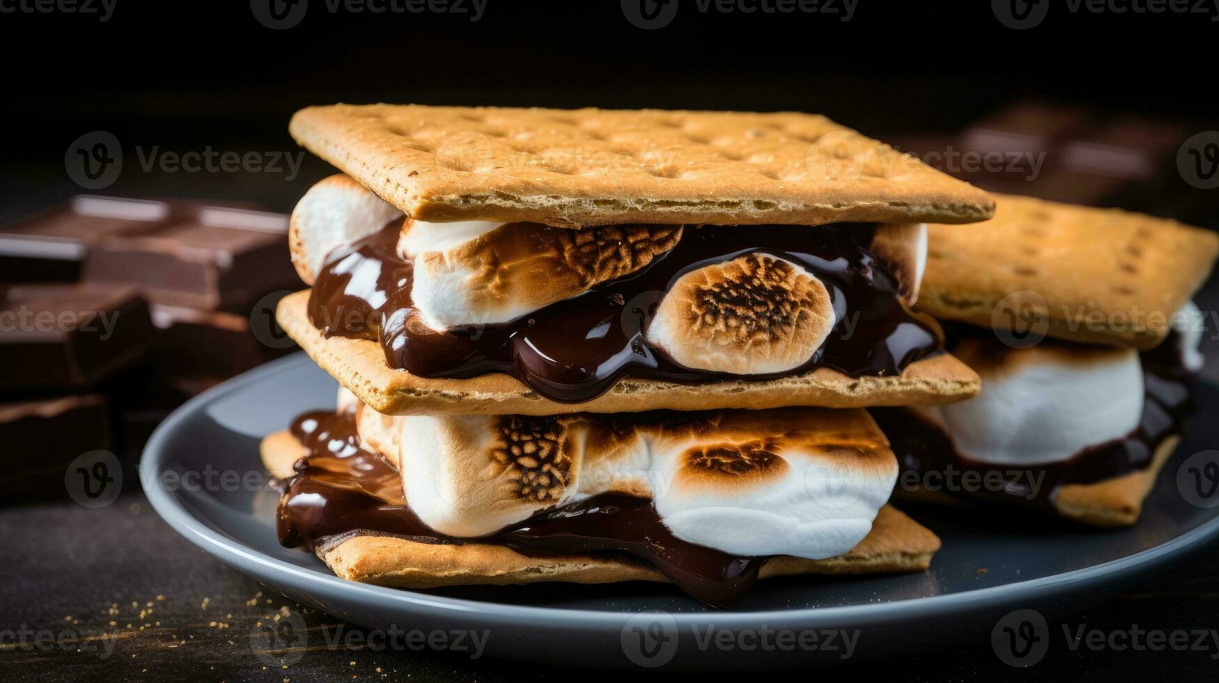 Homemade marshmallow s'mores with chocolate on crackers. photo