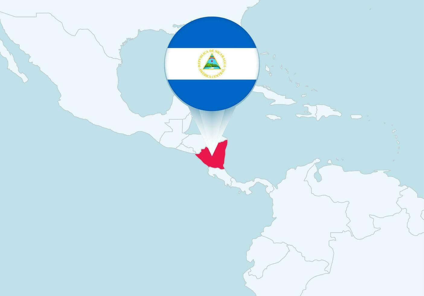 America with selected Nicaragua map and Nicaragua flag icon. vector