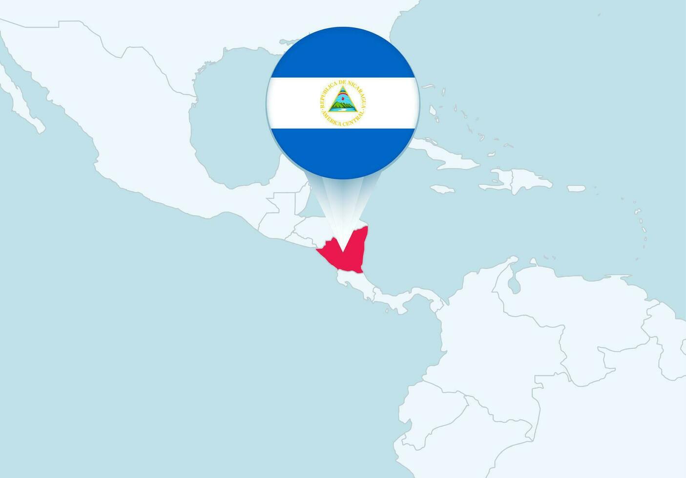 America con seleccionado Nicaragua mapa y Nicaragua bandera icono. vector