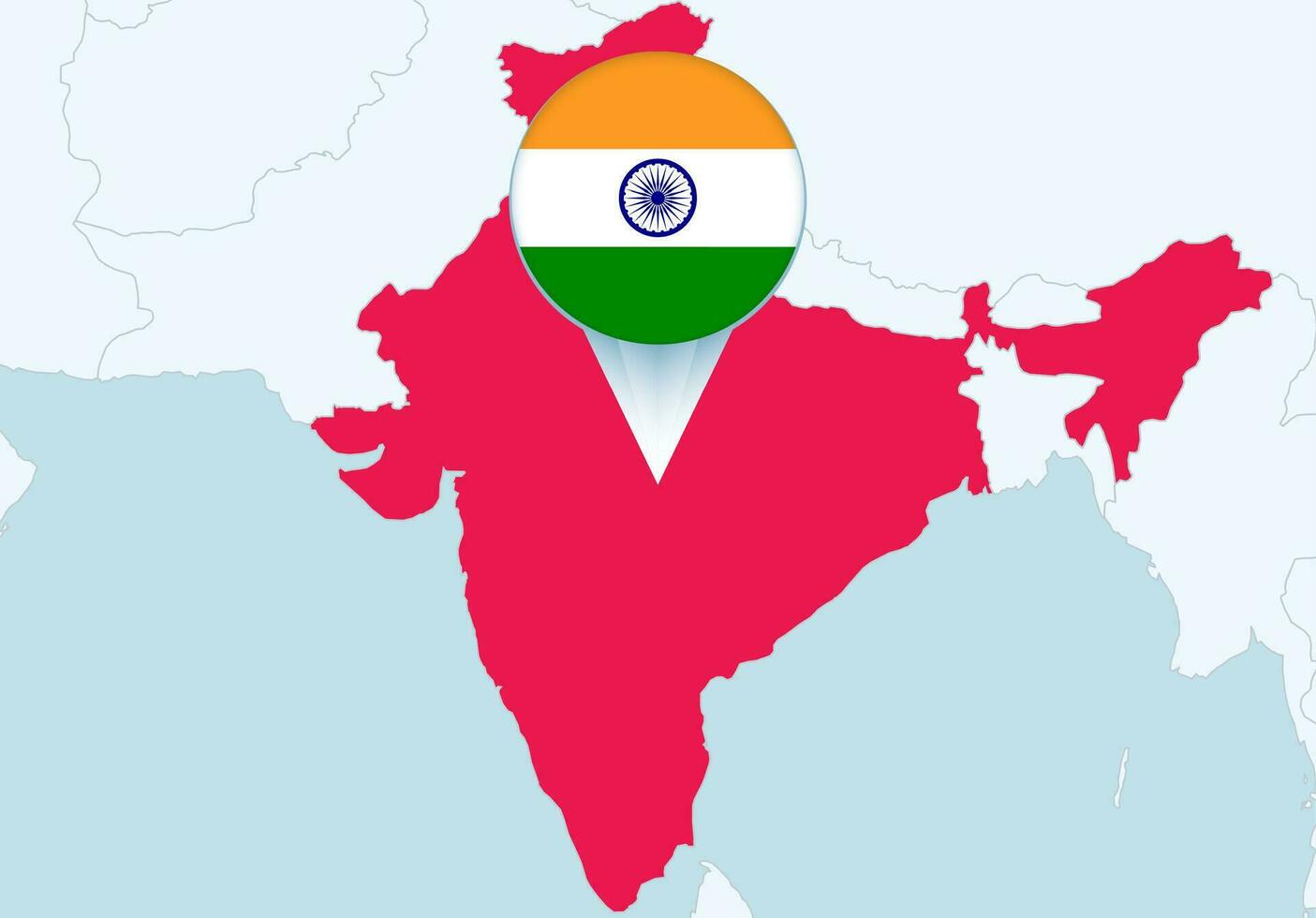 Asia con seleccionado India mapa y India bandera icono. vector