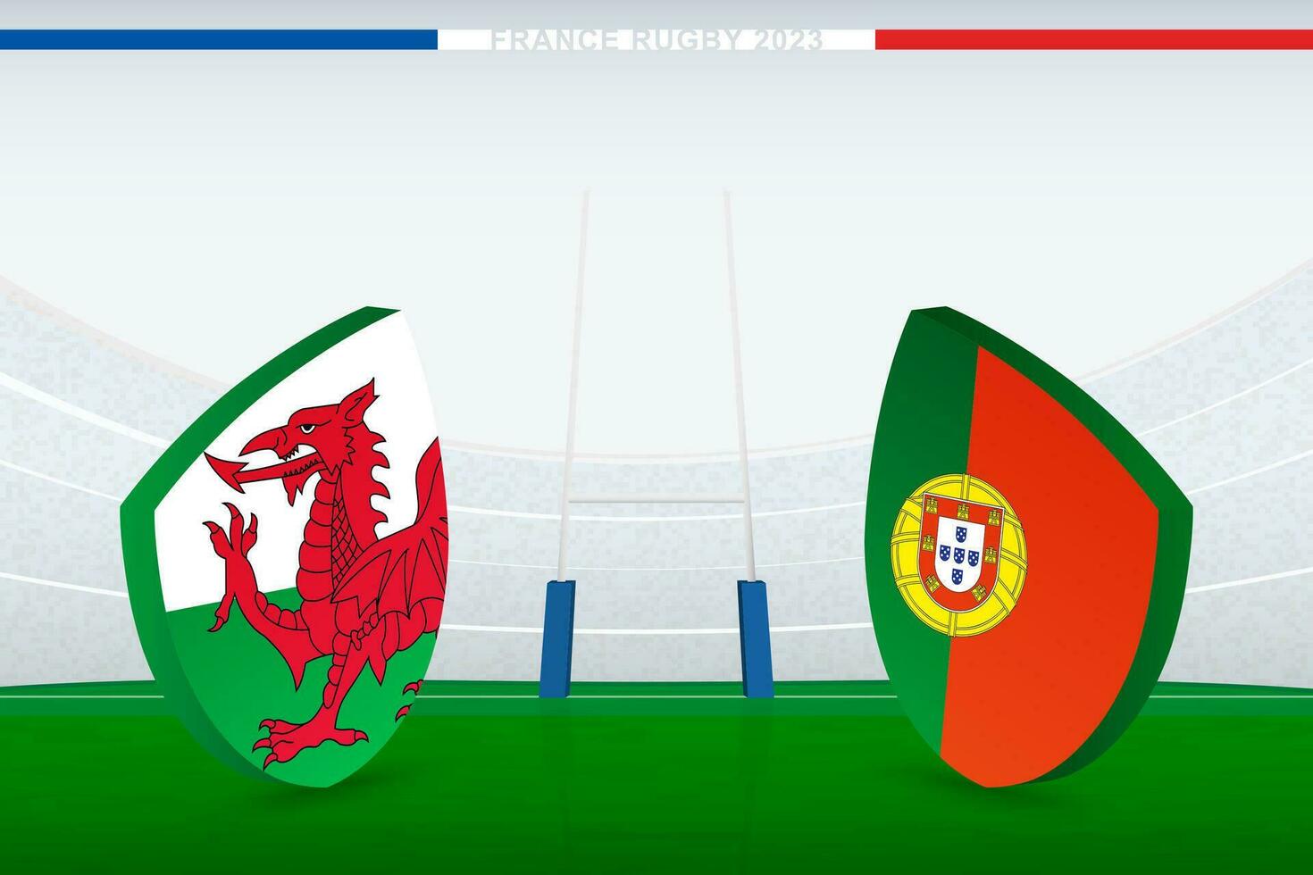 Match between Wales and Portugal, illustration of rugby flag icon on rugby stadium. vector