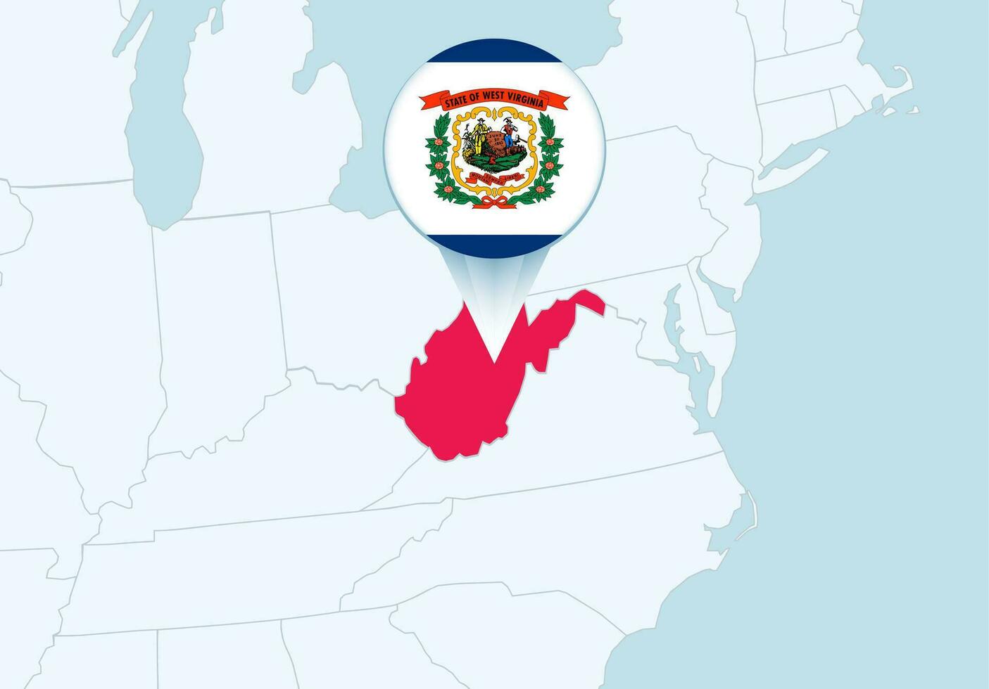 United States with selected West Virginia map and West Virginia flag icon. vector