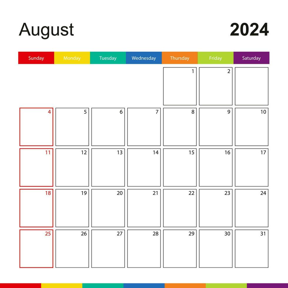 August 2024 colorful wall calendar, week starts on Sunday. vector