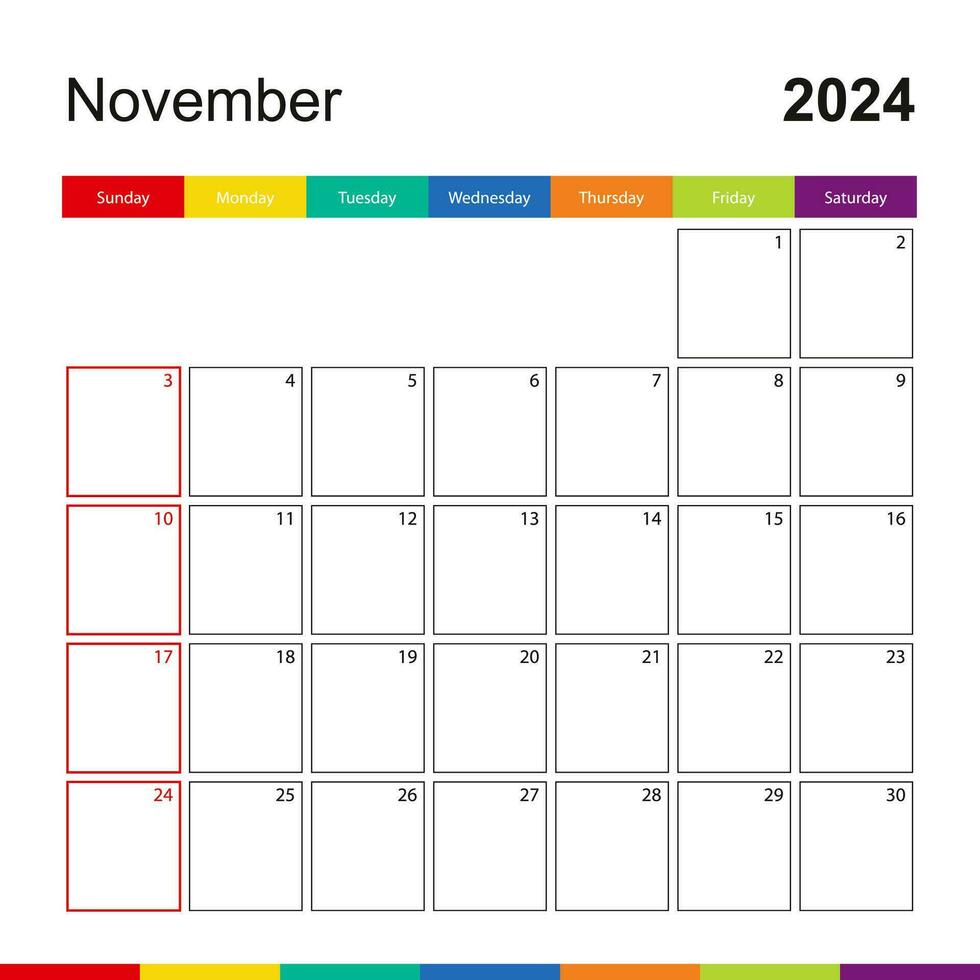 November 2024 colorful wall calendar, week starts on Sunday. vector
