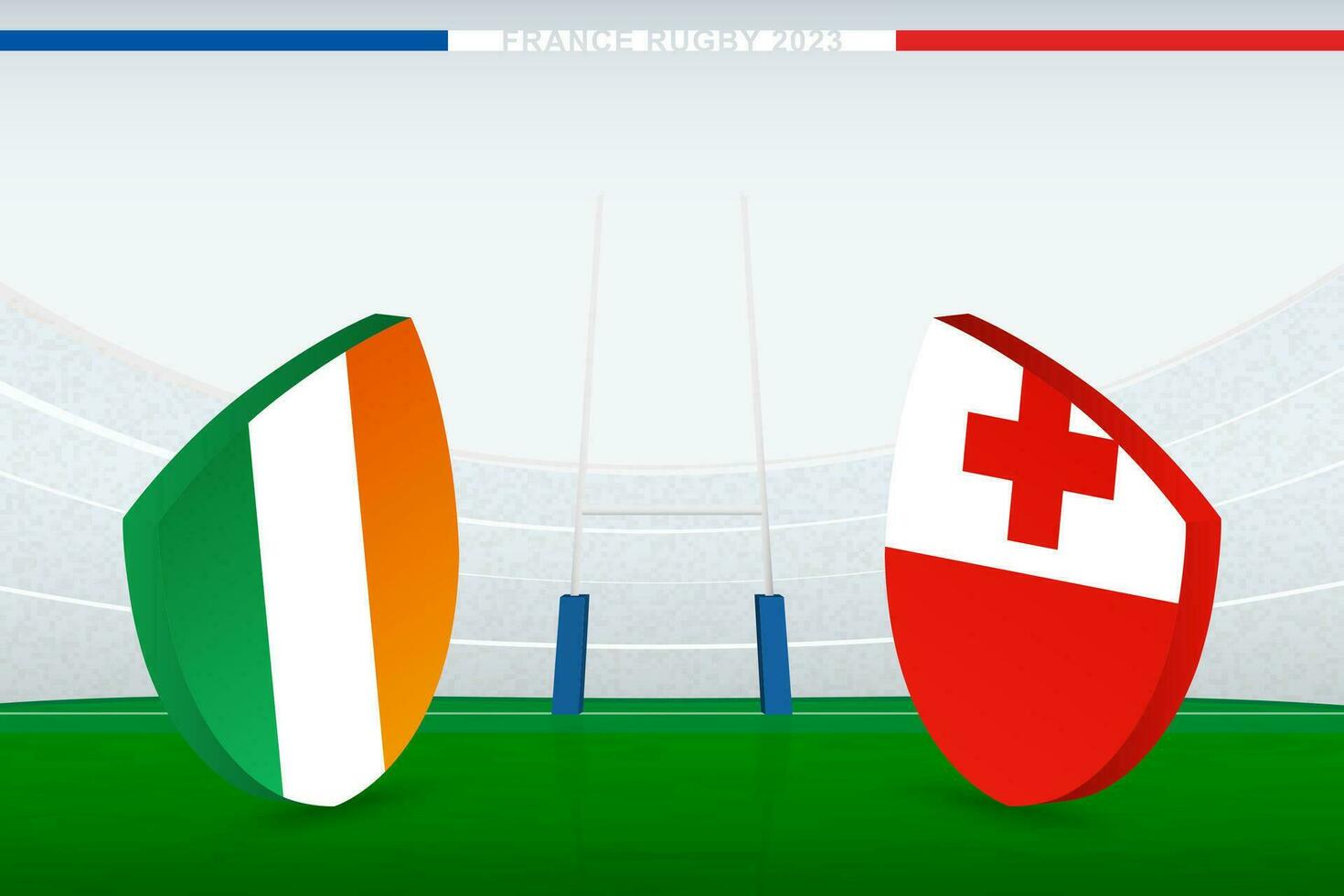 Match between Ireland and Tonga, illustration of rugby flag icon on rugby stadium. vector