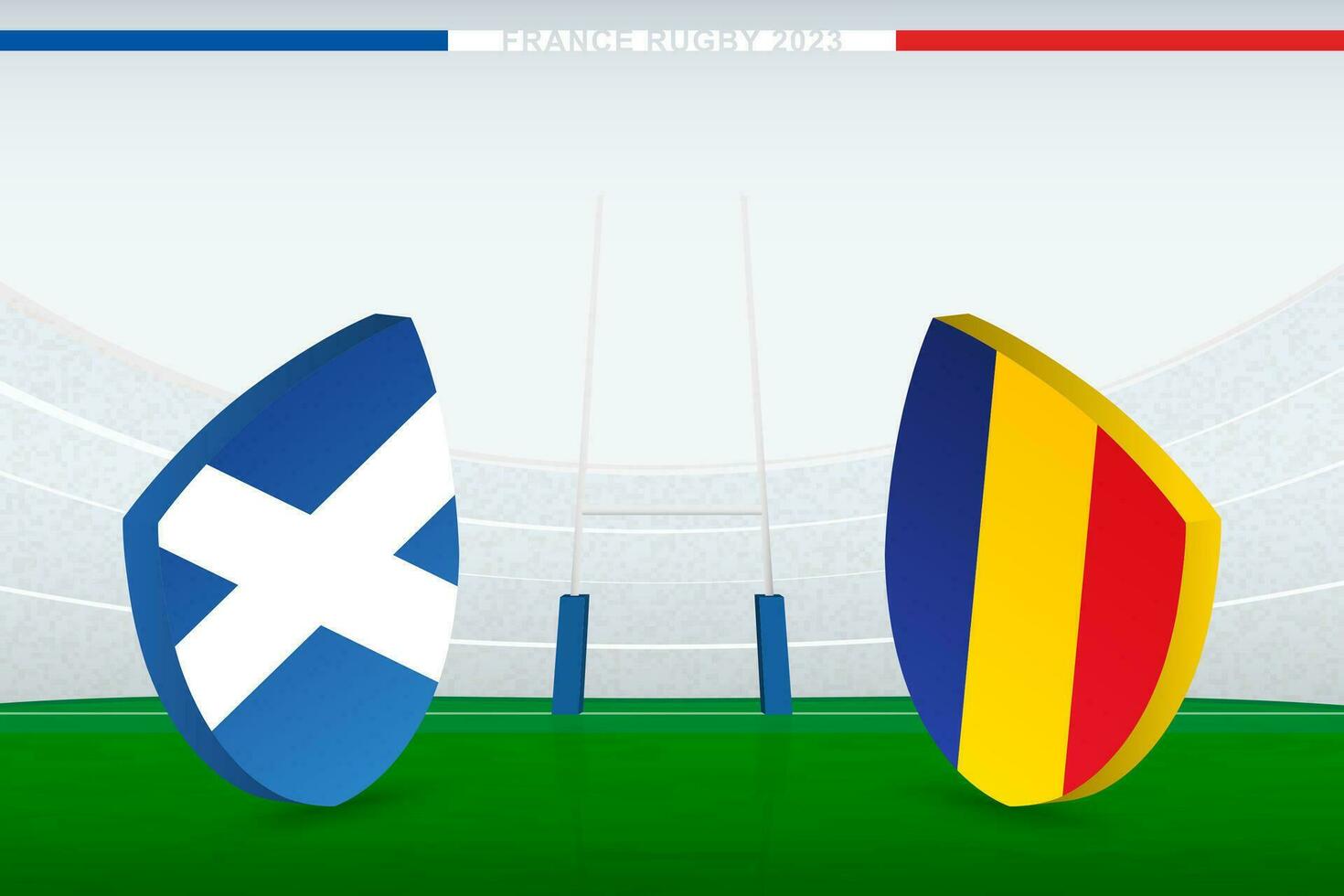 Match between Scotland and Romania, illustration of rugby flag icon on rugby stadium. vector