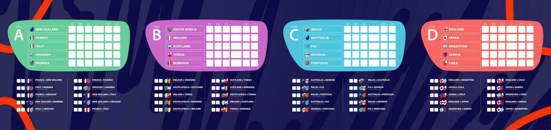 Groups participants flags and games icon of rugby competition 2023. vector