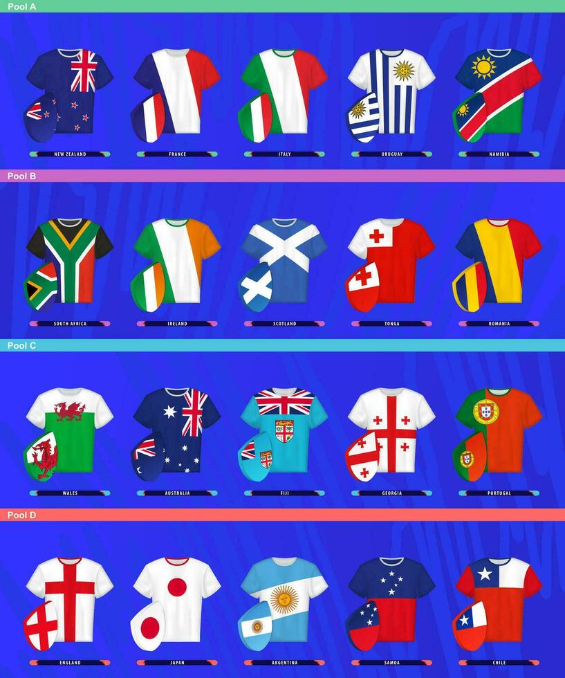 Rugby jerseys of 20 national team participant in rugby competition 2023 sorted by pool. vector