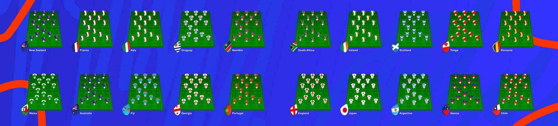 Big set of rugby field with player position, all participants of international championship 2023. vector
