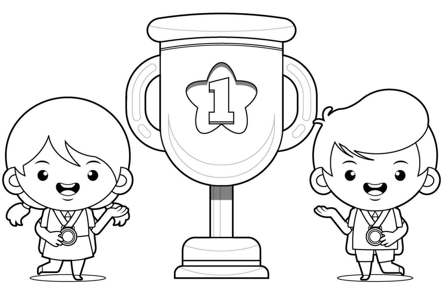 Coloring book for kids. Happy Cute Students Winner Presenting Golden Trophy Cup vector