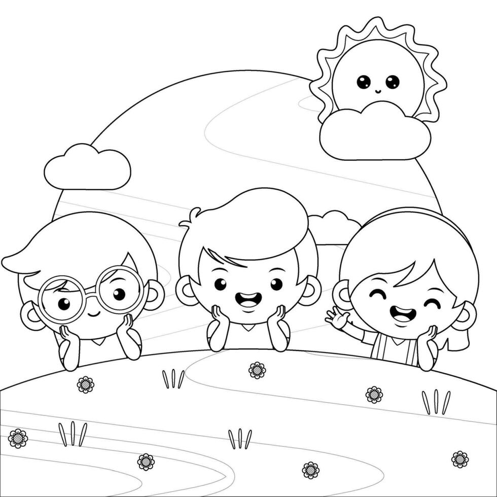 Coloring book for kids. Group Of Happy Children Lying On Green Grass Vector