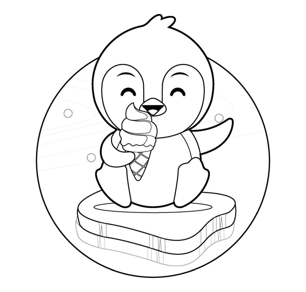 colorante libro para niños. contento linda pingüino sentado en hielo comer hielo crema vector