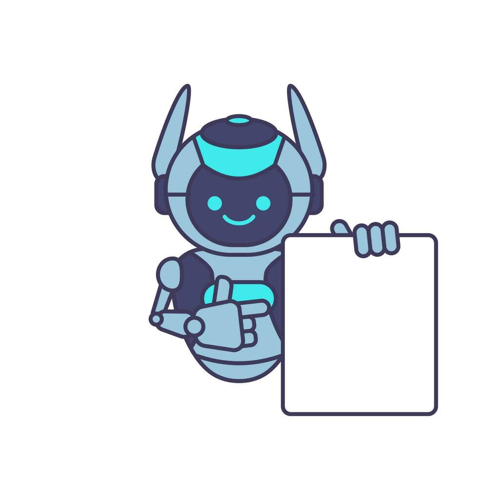 Robot holding blank poster banner or showing information vector