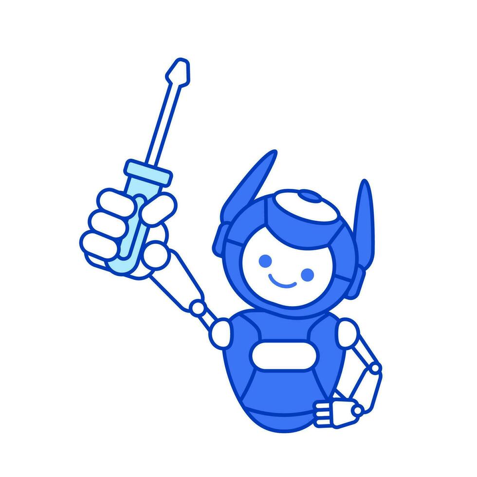 Robot mascot holding screwdriver vector illustration. Robot character pose illustration